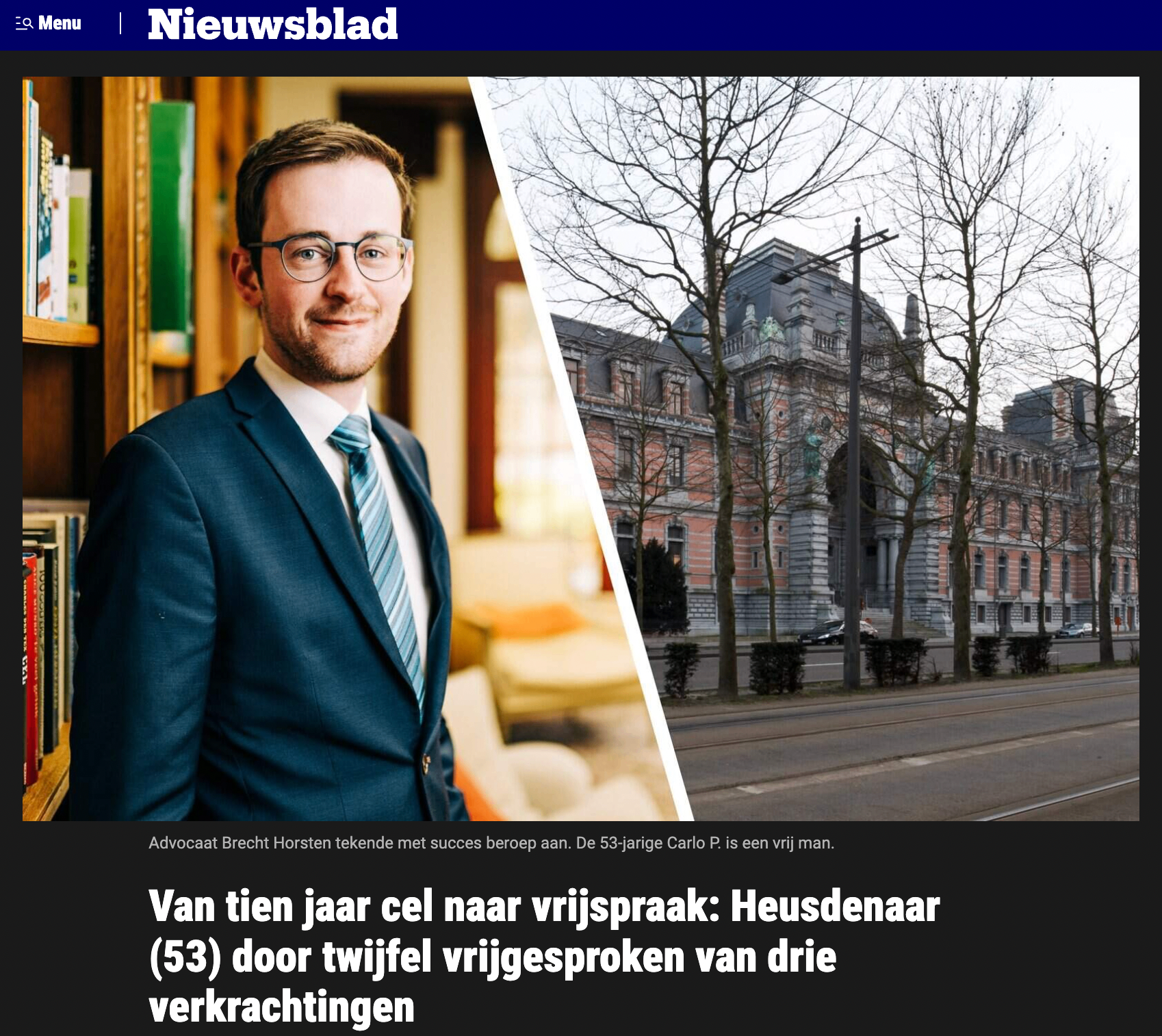 Advocaat Brecht Horsten — artikel Het Nieuwsblad over vrijspraak in beroep